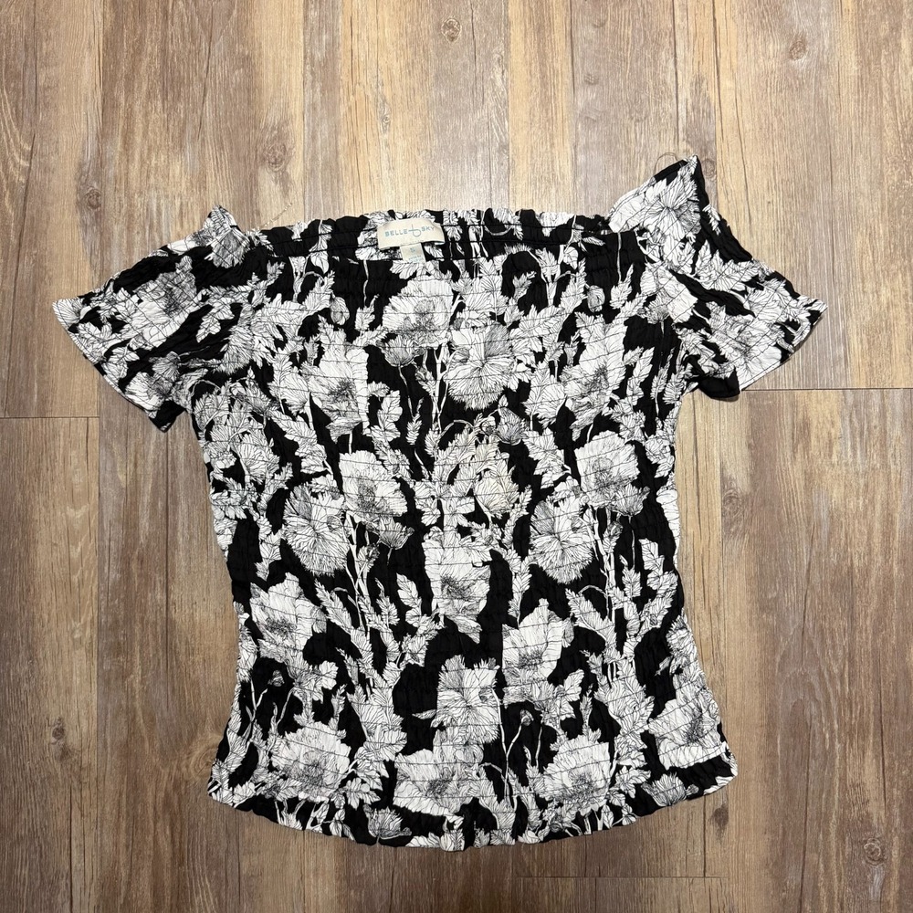 BELLE + SKY Off The Shoulder Smocked Blouse Top‎ Womens Small Black White Floral
